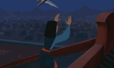 Mulan using a fan to take a sword